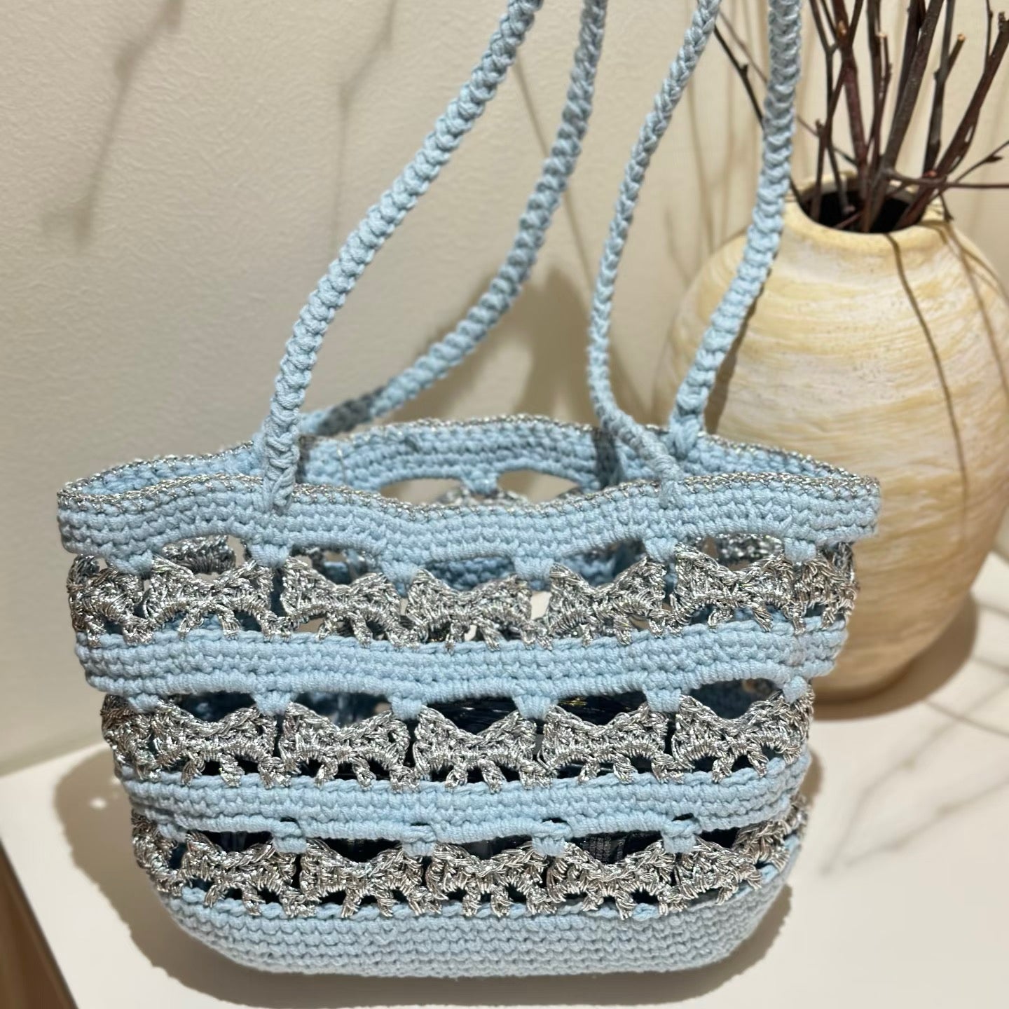 Silver butterfly blue wave bag